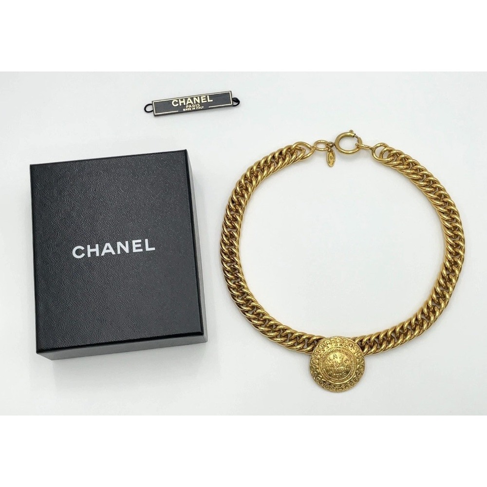 Auth Chanel Cambon Medal Chain GP Necklace engraved W/Box BA060181